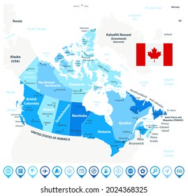 Canada Map Blue Colors and icons. Regions and provinces.