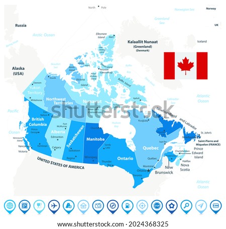 Canada Map Blue Colors and icons. Regions and provinces.