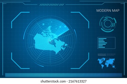 Mapa de Canadá del vector de radar de tecnología de marco digital azul HUD, GUI, interfaz de interfaz de usuario.