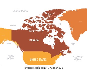 Canada map - brown orange hue colored on dark background. High detailed political map Canada and neighboring countries with country, ocean and sea names labeling.