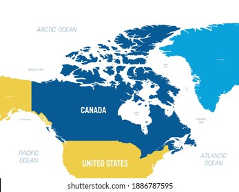 Canada map - brown orange hue colored on dark background. High detailed political map Canada and neighboring countries with country, ocean and sea names labeling.