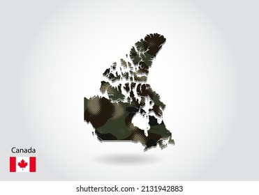 canada map with camouflage pattern, Forest - green texture in map. Military concept for army, soldier and war. coat of arms, flag.