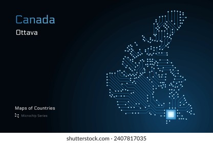 Canada Map with a capital of Ottava Shown in a Microchip Pattern with processor. E-government. World Countries vector maps.	