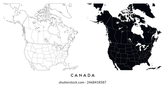 Canada map of city regions districts vector black on white and outline