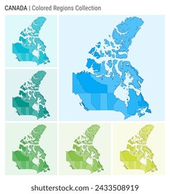 Canada map collection. Country shape with colored regions. Light Blue, Cyan, Teal, Green, Light Green, Lime color palettes. Border of Canada with provinces for your infographic. Vector illustration.