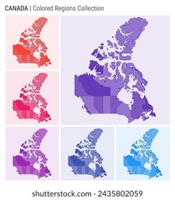 Canada map collection. Country shape with colored regions. Deep purple, red, pink, purple, indigo, blue color palettes. Border of Canada with provinces for your infographic. Vector illustration.