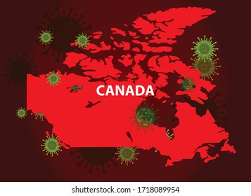 Canada map with covid-19 virus concept. Corona virus is spread to all over the world and infected to countries. Vector illustration of red map design with influenza virus.