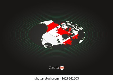 Canada map in dark color, oval map with neighboring countries. Vector map and flag of Canada