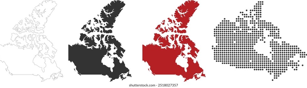 Mapa do Canadá detalhado em estilo contorno, cinza, vermelho, pontilhado