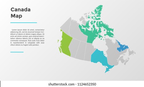 Canada map divided into provinces or regions with modern borders. Geographic location indication. Infographic design template. Vector illustration for presentation, brochure, touristic website.