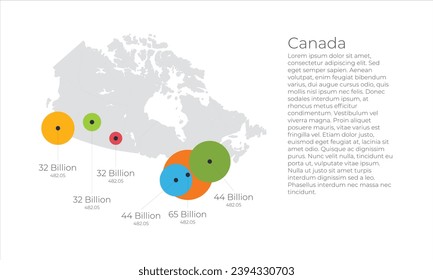 Canada map divided into provinces or regions with modern borders. Geographic location indication. Infographic design template. Vector illustration for presentation, brochure, touristic website.