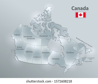 Canada map and flag, administrative division, separates regions and names individual region, design glass card 3D vector