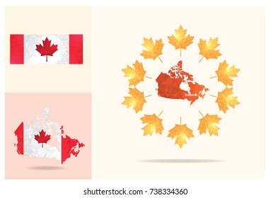 Canada map and flag in geometric polygonal, mosaic style with word-home and canada symbol maple leaf.