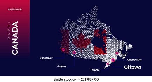 Canada Map With Flag Info Graphic. Abstract Vector Map Of Canada With Capital And Major Cities. Dots Composition Map On Dark Background.
