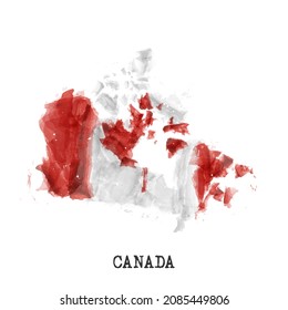 Canada Map And Flag Watercolor Painting Design . Realistic Drawing Country Shape . White Isolated Background . Vector .