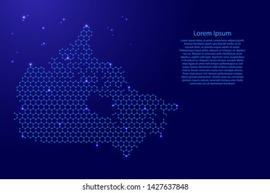 Canada map from futuristic hexagonal shapes, lines, points  blue and glowing stars in nodes, form of honeycomb or molecular structure for banner, poster, greeting card. Vector illustration.