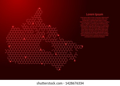 Canada map from futuristic hexagonal shapes, lines, points red and glowing stars in nodes, form of honeycomb or molecular structure for banner, poster, greeting card. Vector illustration.