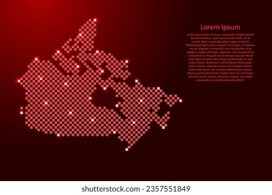 Canada map from futuristic red checkered square grid pattern and glowing stars for banner, poster, greeting card