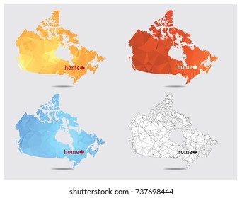 Canada map in geometric polygonal, mosaic style with word-home and canada symbol maple leaf.