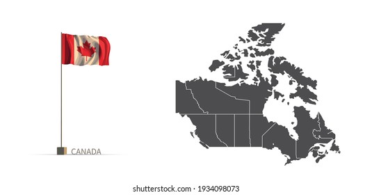 Canada map. gray national vector map, and flag 3d illustration.