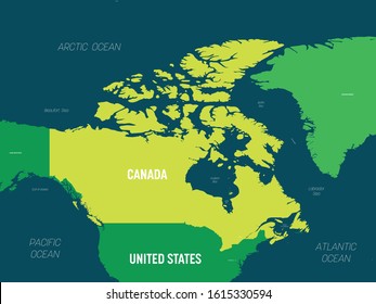 Canada map - green hue colored on dark background. High detailed political map Canada and neighboring countries with country, capital, ocean and sea names labeling.