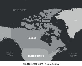 Canada map - grey colored on dark background. High detailed political map Canada and neighboring countries with country, capital, ocean and sea names labeling.