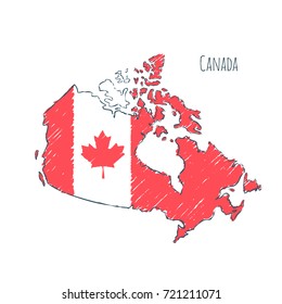 Canada Map Hand Drawn Sketch. Vector Flag, Children's Drawing.