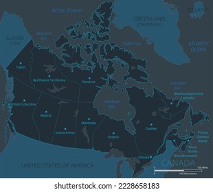 Canada map. High detailed map of Canada with countries, borders, cities, water objects. Vector illustration eps10.