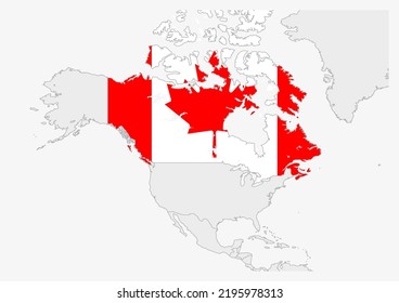 Kanada Karte hervorgehoben in Kanada Flaggenfarben, graue Karte mit Nachbarländern.