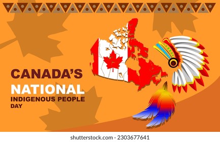 Canada map with Indigenous war bonnets or headdresses and 2 colorful bird feathers and maple leaf background and bold text commemorating Canada's National Indigenous Peoples Day on June 21