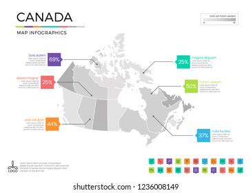 Canada map infographics with editable separated layers, zones, elements and district area in vector