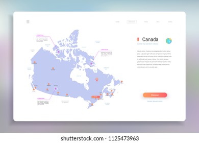 Canada map infographics vector template with cities, capital Ottawa and pointer marks.
