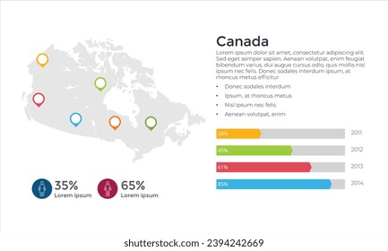 Canada map infographics vector template with regions and pointer marks