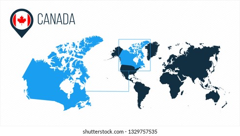 Canada map located on a world map with flag and map pointer or pin. Infographic map. Vector illustration isolated on white background.