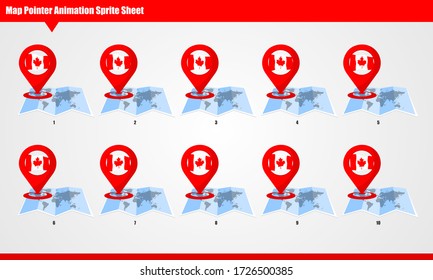 Canada Map marker with animated flag Sprite Sheet. Smooth waving animation sprites on white background.