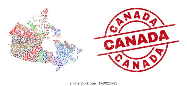 Kanada Karte Mosaik und schmutzigen Kanada roten Kreisstempel. Die kanadische Briefmarke verwendet Vektorlinien und Bögen. Das Mosaik auf der Karte von Kanada umfasst Helme, Häuser, Duschen, Eier, Weingläser und mehr Piktogramme.