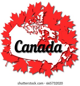 Canada map outline on maple leaves with text isolated on white background. Canada day greeting card template. Vector illustration.