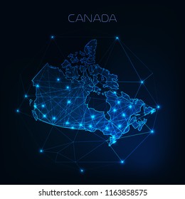 Canada map outline with stars and lines abstract framework. Communication, connection concept.Modern futuristic low polygonal, wireframe, lines dots design. Vector illustration. 