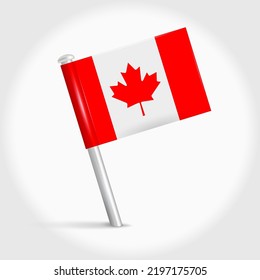 Canada map pin flag icon. Canadian pennant map marker on a metal needle. 3D realistic vector illustration.