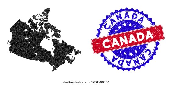 Canada map polygonal mesh with filled triangles, and scratched bicolor stamp seal. Triangle mosaic Canada map with triangular vector model, triangles have various sizes, and positions,