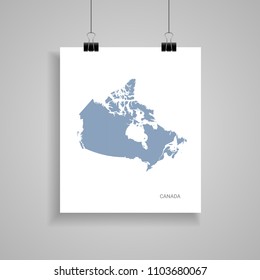 Canada map poster.  Blue vector map on piece of paper with paper clip, on a gray background. 