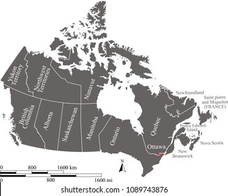Canada map with provinces and territories and scales of miles and kilometers in gray background. Vector outline illustration Canadian map with mileage and kilometer scales 