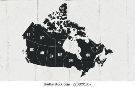 Canada map with Provinces and territories. Vintage Canada map with shortened provinces names. Poster of Canada map with old map texture. Vector illustration.