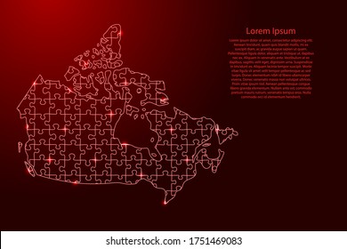 Canada map from red pattern composed puzzles and glowing space stars. Vector illustration.