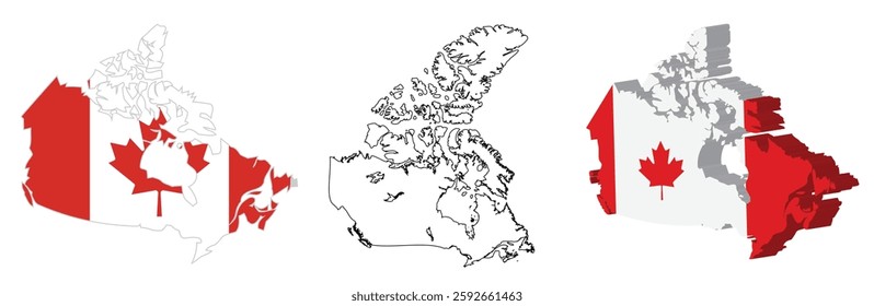 Canada Map Set . 3D Canada Map. Official Color and Outline Map . High-Quality Vector Illustration . Detailed Canada Geography Map for Travel. Education and Design