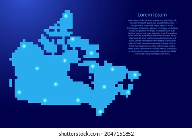 Canada map silhouette from blue square pixels and glowing stars. Vector illustration.