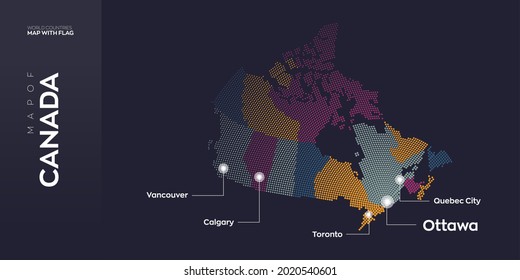 Canada Map With States Info Graphic. Abstract Vector Map Of Canada With Capital And Major Cities. Dots Composition Map On Dark Background.
