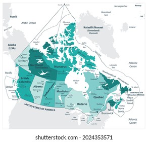 Canada Map Teal Colors. Regions and provinces. Highly detailed vector illustration.