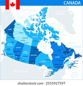 Canada Map Vector Blue Spot - Customizable layered political map of Canada with administrative divisions for website, education, reports, news, politics, print, poster and wallpaper