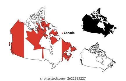 Mapa do Canadá Vetor - Contorno do País, Bandeira Dentro do Mapa, Branco e Versão Silhueta